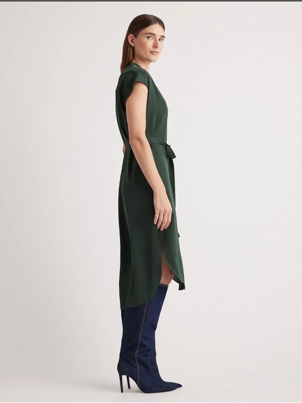 Quince Forest Green Washable Stretch Silk Midi Shirt Dress - Picture 3 of 7